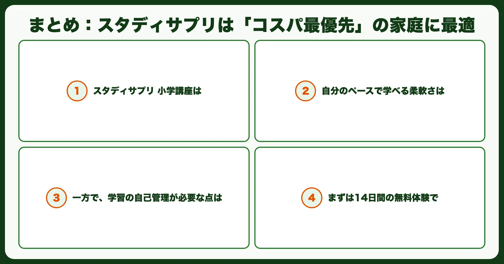 まとめ：スタディサプリは「コスパ最優先」の家庭に最適