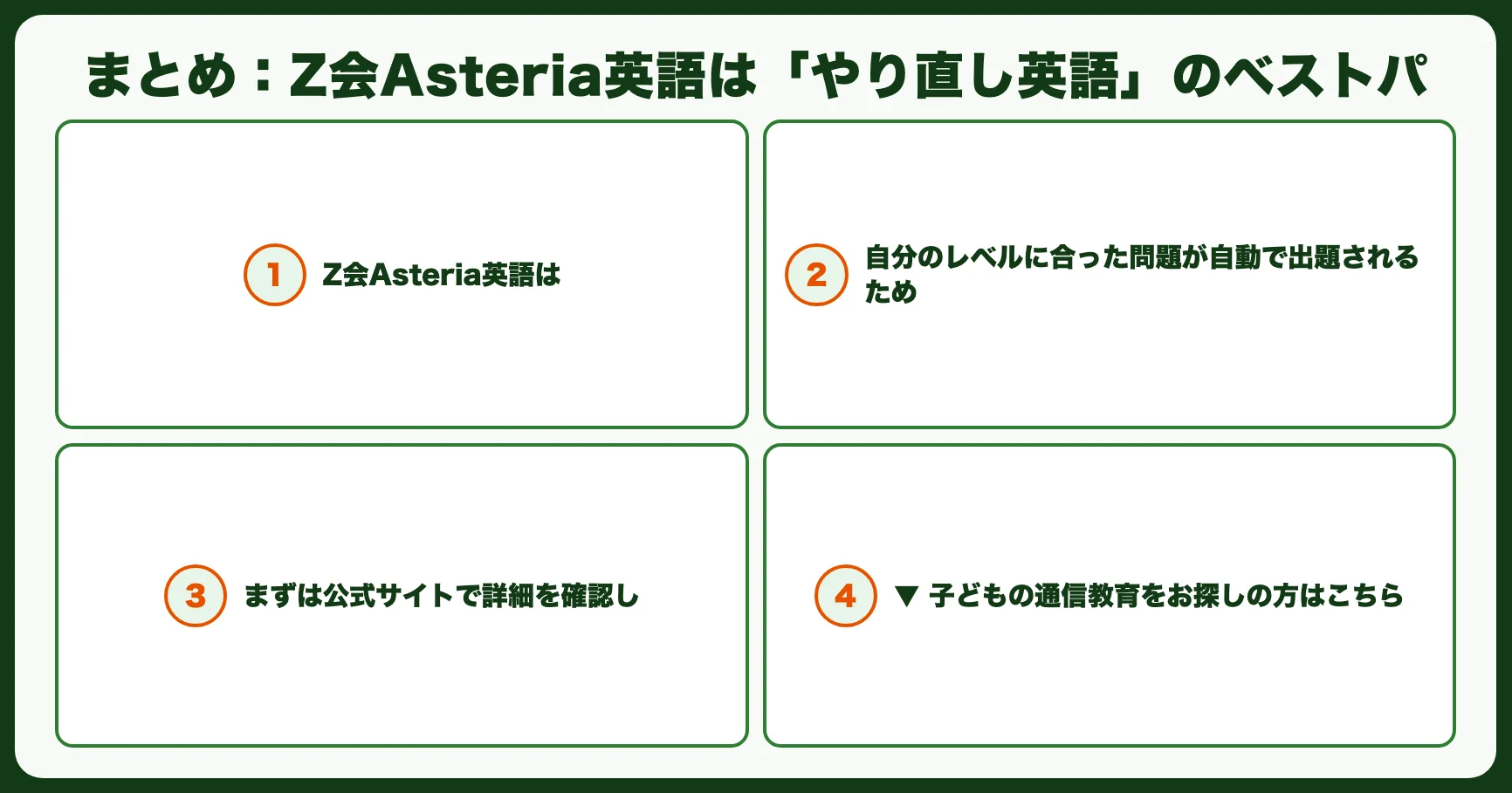 まとめ：Z会Asteria英語は「やり直し英語」のベストパ